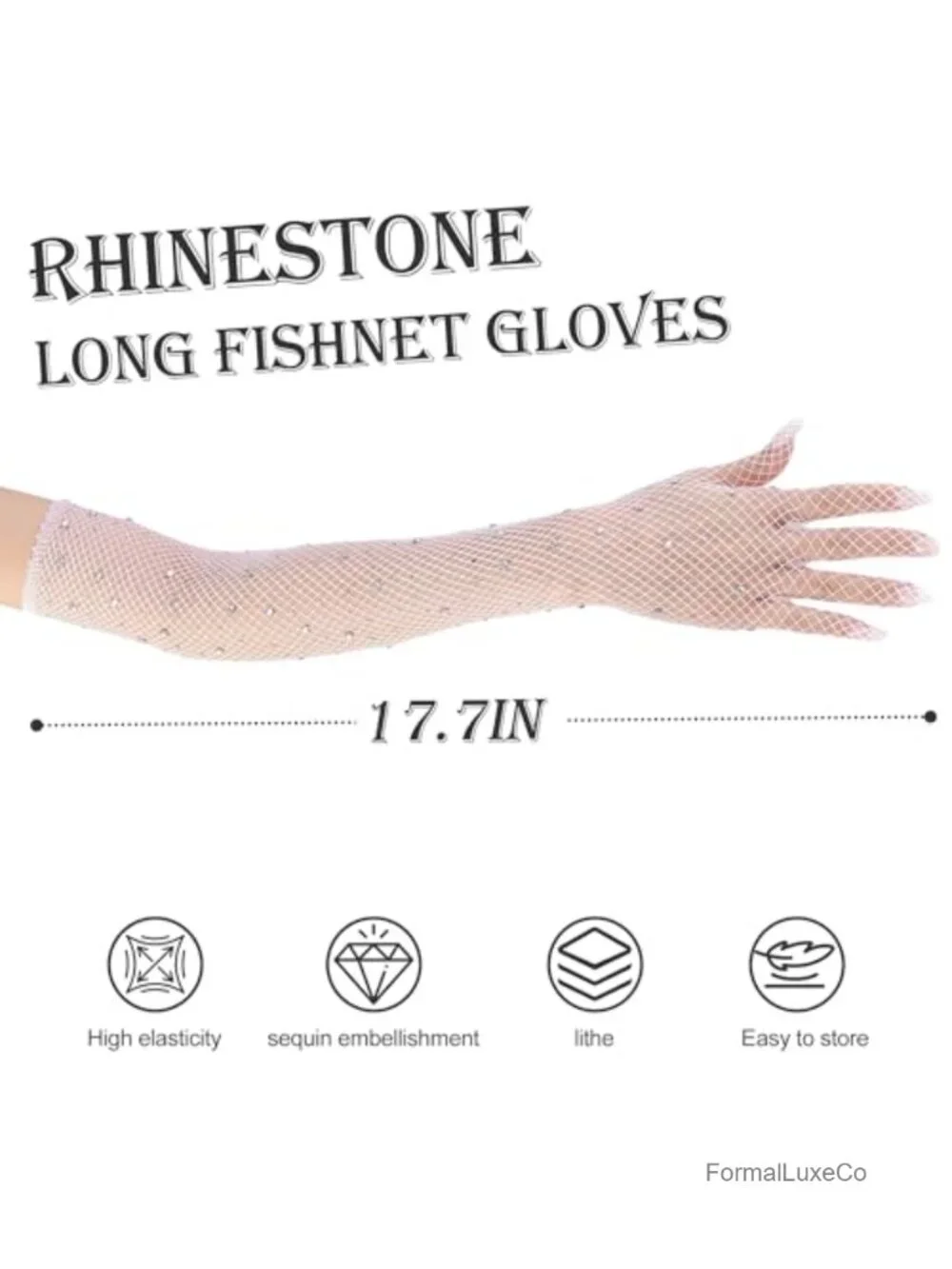 Rhinestone Fishnet Long Gloves - Sparkly Mesh Elbow Length for Parties, Weddings